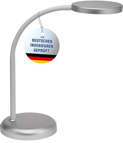 MAUL Schreibtischlampe LED MAULjoy | Kleine Schreibtischlampe mit Standfuß | Moderne Tischlampe für Schreibtisch, Büro | Flexible Lampe mit 3000K warmweißem LED Licht | Silber