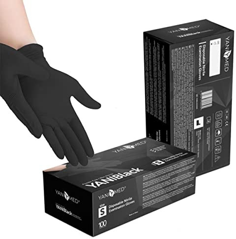 Yanimed Nitril Einweghandschuhe puderfrei latexfrei 100Stück/Box Farbe Blau Schwarz Gr, S, M, L, XL (Schwarz, S)