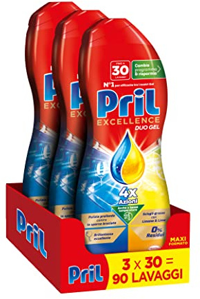 Pril Excellence Duo Gel, Detersivo lavastoviglie Gel, azione sciogligrasso, con limone, Formato da 3 Confezioni da 30 Lavaggi, totale 90 lavaggi