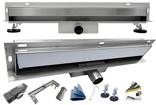 AQUA HEATING Wandablauf 2in1, Duschrinne Edelstahl, 80 cm, Silber | Komplettset für Badezimmer, Ablaufgarnitur für dünne Wand, Duschablauf mit Siphon, doppelseitiger Edelstahlrost, Superflach