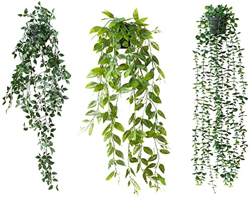 PEIQICHU 3 Pack Artificial Hanging Plants in Pots Wall Hanging Fake Ivy Vine Decorative Wall Hanging Plant Faux for Greenery Home Bedroom Garden Indoor Outdoor Farmhouse Shelf Decoration