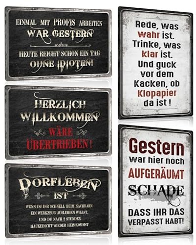5ER SET - Retro Blechschilder Sprüche Lustig - DORFLEBEN - HERZLICH WILLKOMMEN WÄRE ÜBERTRIEBEN - Metall-schilder mit Sprüchen Witzige Wanddeko Geschenk - DIN A4