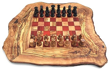 Schachbrett rustikal Größe wählbar S/M/L/XL inklusive 32 Schachfiguren Schachspiel handgefertigt aus Olivenholz Geschenidee (L)