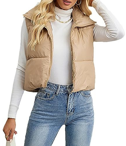 L9WEI Chaqueta de invierno para mujer, chaleco acolchado corto para mujer, chaleco de entretiempo cálido y delgado, con solapa, chaleco acolchado con cremallera a la moda espesado, caqui, M