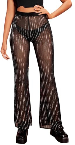Odizli Damen Sexy Transparent Mesh High Waist Glitzer Schlaghose Streetwear Clubwear