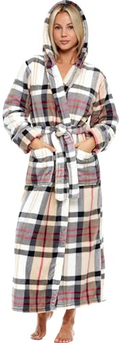 Alexander Del Rossa Womens Robe, Long Plush Bathrobe with Hood, Hooded Robes for Women Plus Size Bath Robe, Designer Plaid, Small