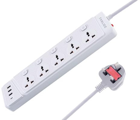 FANLIDE Universal Power Strip with USB C, Extension Lead with independent Switches, 5 Way Outlets 3 USB slots(1 Type C and 3 USB-A Port), 2 Meter Long Cord, 13A Fused UK Plug Power Socket