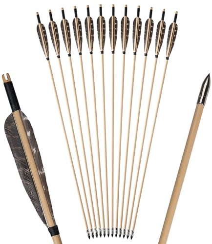 S F 31.5 Zoll Holzpfeil, 5 Zoll natürliche Farbe natürliche Federn, Erwachsenenbogenschießen, handgefertigter Holzjagdpfeil für traditionellen Bogen, Recurve-Bogen, Langbogen
