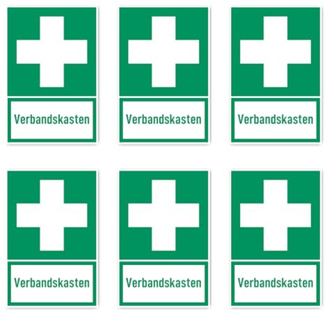 Aufkleber: 75x50 mm, 6 Stück - Verbandskasten - Rettungszeichen mit Text (deutsch) (grün/weiß) - hochkant - E003 - DIN EN ISO 7010 / ASR A1.3