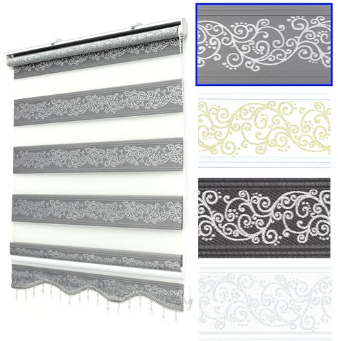 Brillant Doppelrollo Klemmfix ohne Bohren Grau Silber 200 x 100 cm (Länge x Breite) Duorollo Blickdicht mit Perlen, glitzert, Raffrollo Fenster Tür Zebra Perde Klemmrollo Seitenzugrollo