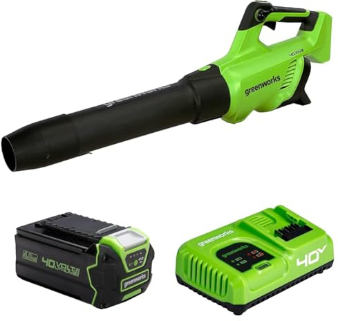 Greenworks 40V Axial Akku Laubbläser mit bürstenlosem Motor, 210 km/h, 15,6 m³/min, Zwei 4Ah Akkus & Ladegerät, 3 Jahre Garantie GD40ABK4X