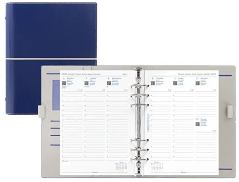 Filofax Domino Organizer, A5, marineblau, Lederoptik, Kontrastnähte, Sechs Ringe, Wochenansicht, Kalender, Terminplaner, mehrsprachig, 2025 (C027982-25)