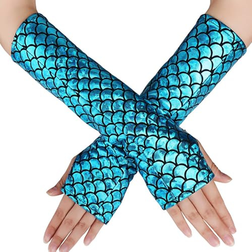 Chyuxinda Damen Handschuhe Meerjungfrau Fischschuppen Arm Ärmel für Halloween Karneval Mottoparty Cosplay Kostüm Fasching Zubehör