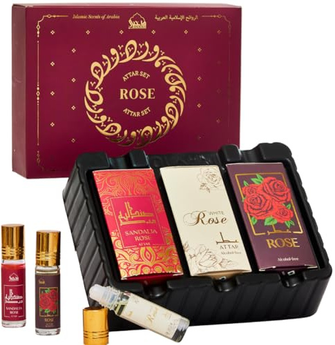 Dukhni Rose Attar Oil Set for Ramadan | Authentic Arabic Fragrance Oils | 100% Pure, Alcohol-Free Original Gulab Attar Blends | Rose, White, Sandalia Gulab - 6ml each
