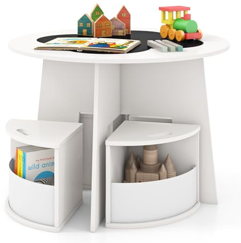 GOPLUS Kindertisch mit 4 Stühlen, 5 teilige Kindersitzgruppe mit Tafelplatte und 4 Stauraumhocker zum Spielen, Malen & Basteln, Kindermöbelset aus Holz für Spielzimmer, Kinderzimmer (Weiß)