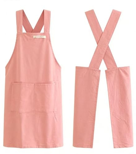 YDAKGUEY Pink Cotton Linen Apron for Women, Cross-Back Apron with Pockets, Cooking Painting Gardening Baking Apron
