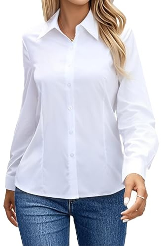 Women's Blouses Shirts Button Down Shirt Long Sleeve Dress Shirts White Ladies Basic Blouse Tops for Work Office Business (UK, Alpha, M, Regular, Regular, White)