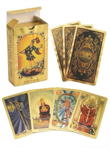 YIMINGOUFEI Tarot Rider Waite Español-Inglés, 78 Cartas Bilingües Doradas | 78 cartas bilingües en español e inglés, PVC resistente al agua, detalles dorados, guía de 28 páginas y tamaño 12 × 7 cm.