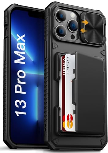 Vihibii for iPhone 13 Pro Max/iPhone 12 Pro Max Case, Card Holder, Black | Card Holder (4 Cards), RFID Blocking, Slide Camera Cover, Military Grade Drop Protection, Rugged Back, Silicone Wallet Case