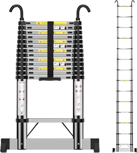 Eoxciiu Échelle Télescopique 4,4m, Échelle Pratique avec Crochets, Acier Inoxydable, Réglable à Plusieurs Niveaux, Distance Entre Les Marches 30cm, Échelle Pratique pour Un Usage Domestique