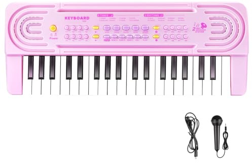 Electronic Piano Keyboard 37 Keys, Multifunctional Portable Digital Music Pianos with Microphone, Dual Speakers for Kids 3-10, Beginners (Pink)