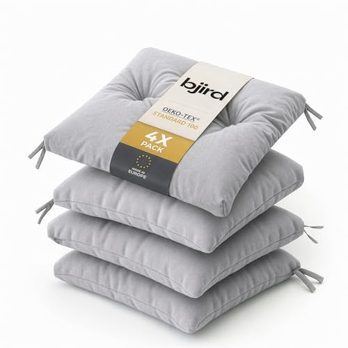 Bjird Wasserdichtes Stuhlkissen 45x45 cm – Gartenkissen für Stühle & Sessel – Dickes Sitzkissen 6 cm – Outdoor Sitzauflage für Gartenmöbel – Wetterfest & Pflegeleicht - 4er Set - Aschgrau