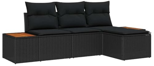 vidaXL 4-delat Trädgårdsoff-set Med Kuddar Svart Poly Rattan Akacia Väderbeständig Samtida Utomhusmöbler För Förvaring Och Komfort Sittande Patio Vävd Modulär