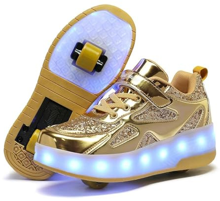 Schuhe mit Rollen für mädchen Jungen Verstellbare Rollschuhe Schuhe Einziehbar Turnschuhe mit Rollen für Kinder LED Blinkend Roller Skate Shoes für Outdoor-Sportarten,Gold,30EU