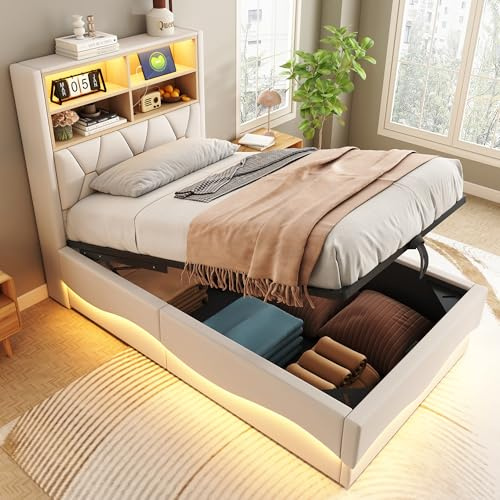 TOBIDOEN Kinderbett Polsterbett 90×200 cm mit Bettkasten, Gepolstert Kopfteil mit Mehreren offenes Ablagefächern, Funktionsbett Jugendbett mit Reichlich Stauraum, Metall-Lattenrost, Leinen,Beige