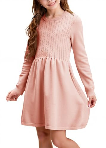Haloumoning - Vestito a maniche lunghe per ragazze, in maglia con motivo a treccia, linea A, per il tempo libero, autunno, elegante, per feste, invernale, rosa chiaro, 8-10 anni