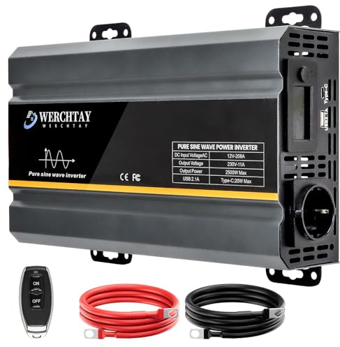 Convertisseur 12V 230V Pur Sinus 2500w/5000w Onduleur Transformateur Onde Sinusoïdale Pure avec Télécommande & écran LCD & Prises EU & USB 2,1 A & Port de Type C pour RV Voiture de Camion