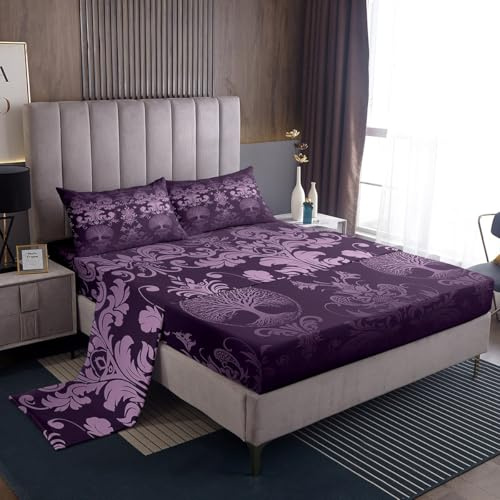 Homewish Set di lenzuola, motivo albero della vita, damascato viola, per letto matrimoniale, decorazione vittoriana, stile gotico, bohémien, vintage, floreale