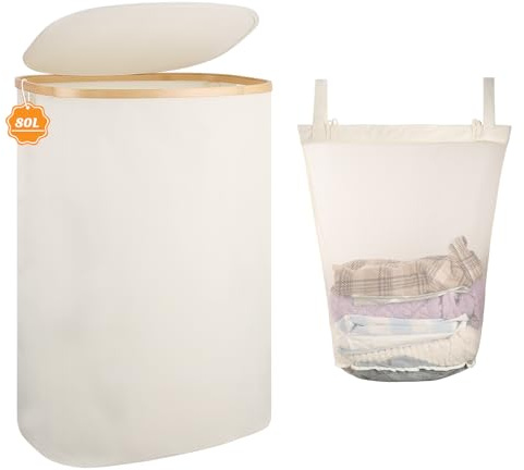 Wäschekorb 80L – Schmaler Wäschesammler aus Bambus mit Deckel, Faltbare Wäschebox/Wäschetonne für Bad & Schlafzimmer, Robuster Schmutzwäschebehälter für Haushalt & Familie