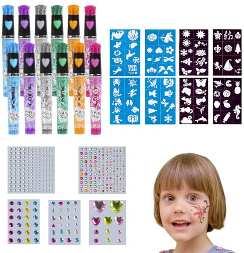 12 Stück Tattoostifte für Kinder Tattoo Stifte Kinder Hautfreundlich,8 Schablonenaufkleber,5 Diamant-Aufkleber,Geschenke für Jungen und Mädchen,Geburtstagsfeiern,Halloween