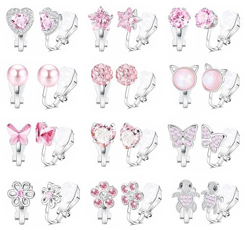 Clip Ohrringe, 12 Paar Ohrclips Kinder Ohne Ohrlöcher Clip on Ohrringe Mädchen mit Schmetterlinge Herz, Blumen, Perle Hypoallergene Ohrclips für Kinder Mädchen Geschenk