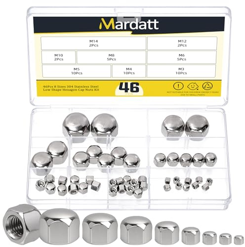 Mardatt 46Pcs M3 M4 M5 M6 M8 M10 M12 M14 Acorn Nut Low Form, Silver Stainless Steel Hex Cap Nut for Furniture Automotive Marine Hardware