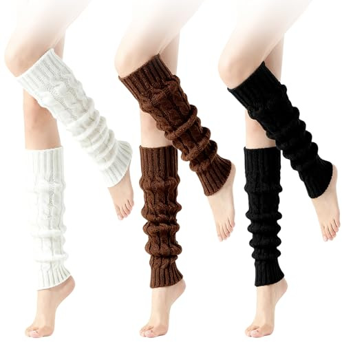 SIWOKJJO Women Leg Warmers, 3 Pairs Fashion Cute Cable Knit Leg Warmers | Ankle Warmers for Women, Winter Warm Long Boot Socks 80s Knee High Sports