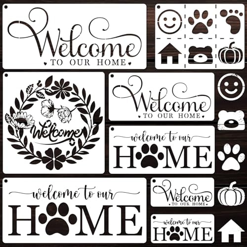 Stencil Welcome Home Set 8 Pezzi – Stencil per Pittura Riutilizzabili in Plastica, Multi Misure per Pareti, Mobili in Legno, Porta d’Ingresso, Tappeti, Portico, Set Disegno e Artigianato d’Arte Casa