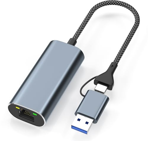 USB to Ethernet Adapter 2.5Gb, Dual-Connector 2 in 1 USBA&USBC to 2.5 Gigabit Ethernet Adapter for Laptop/iPhone16/17, Wired LAN Network Adapters, USB to RJ45 Computer Network Adapters
