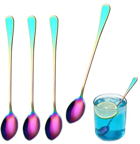 Rainbow Sundae Spoons, 4Pcs Stainless Steel Long Handled Spoons for Ice Cream, Desserts, Coffee, Tea, Parfait, Yogurt, Milkshakes & More, Colorful Teaspoon Set