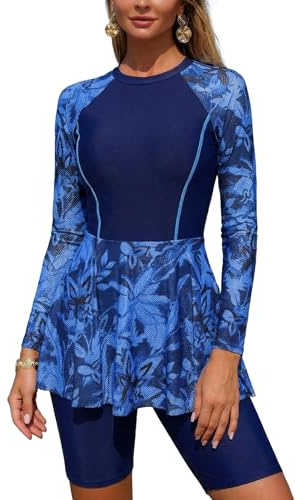 AGYMNX Modest Swimwear for Women 2 Pieces Rash Guard Swimsuits Set Long Sleeve Swimdress with Boyshorts Muslim Swimming Costume Printed Sun Protection Beachwear