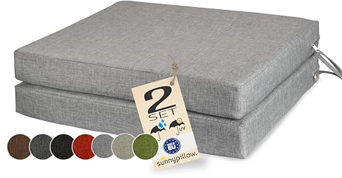 sunnypillow 2er Set Stuhlkissen 45 x 45 cm wasserdicht UV-lichtecht 7cm dick - Outdoor Polsterauflage mit Bändern - Auflage für Stühle,Bänke - Sitzkissen Stuhlauflage für Haus und Garten - Grau