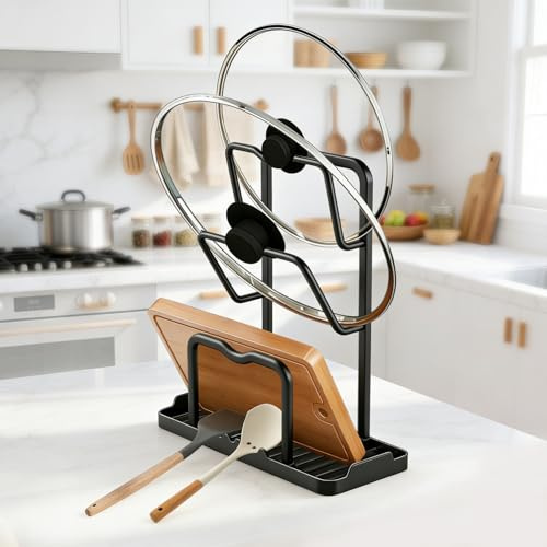 Topfdeckel Organizer Küchenregal mit Löffelablage: 2-in-1-Design Topfdeckelhalter Aufbewahrungsregal für Küchen-Topfdeckel & Pfannendeckel Deckelhalter für Arbeitsplatte, Kohlenstoffstahl, Schwarz