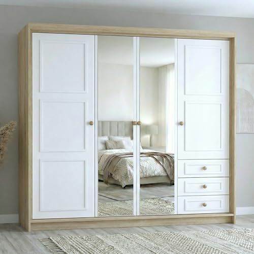 A&J MöbelLand Oslo Kleiderschrank 4-türig mit 3 Schubladen – 200 x 215 cm – Drehtürenschrank mit Kleiderstange und Einlegeböden, Modernes Design mit Metallgriffen