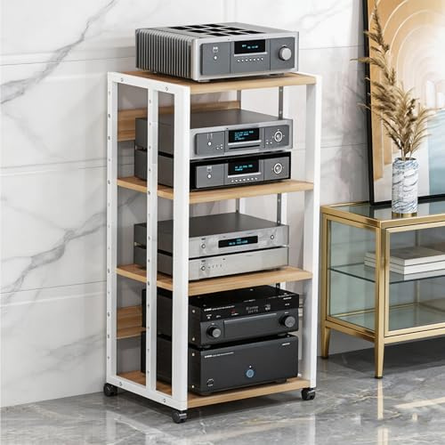 Laohucai 4 Tier AV Media Stand, Audio Rack Cabinet with Adjustable Shelf & Wheels, Modern Stereo Cabinet Receiver Console Shelf for Home, Office, Theater