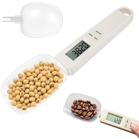 BAODBF Digital skedvåg 0,1 g precision köksvåg med 2 utbytbara skedhuvuden LCD-display mätskopa för bakning matlagning kaffe djurfoder (beige)