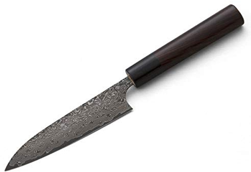 Kanehiro Damast Profi-Messer PETTY Kurosome Yoshimi Kato. Klingen-Länge 12cm. VG-10 Schneidkern, 30 Lagen Damast, hand-geschmiedet. Runder Echt-Holz-Griff aus hochwertigem Rosenholz-Palisander