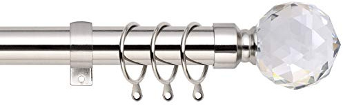 Crystal Ball Extendable Curtain Pole. Includes Pair Of Superior 60mm Size Finials, Rings, Brackets & Fittings Set. (Brushed Chrome, 160cm - 300cm, 63 Inch to 118 Inch)
