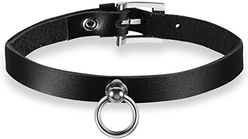 JewelryWe Schmuck Gotik Punk Lederhalsband Choker Spike Nieten O-Ring Kragen Halsketten Echt Leder Ketten Schwarz