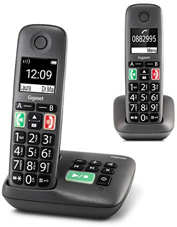 Gigaset Easy mit Anrufbeantworter – 2 Schnurlose Senioren-Telefone mit großen Tasten und extra lauter Klingelfunktion – hörgerätekompatibel, anthrazit-grau